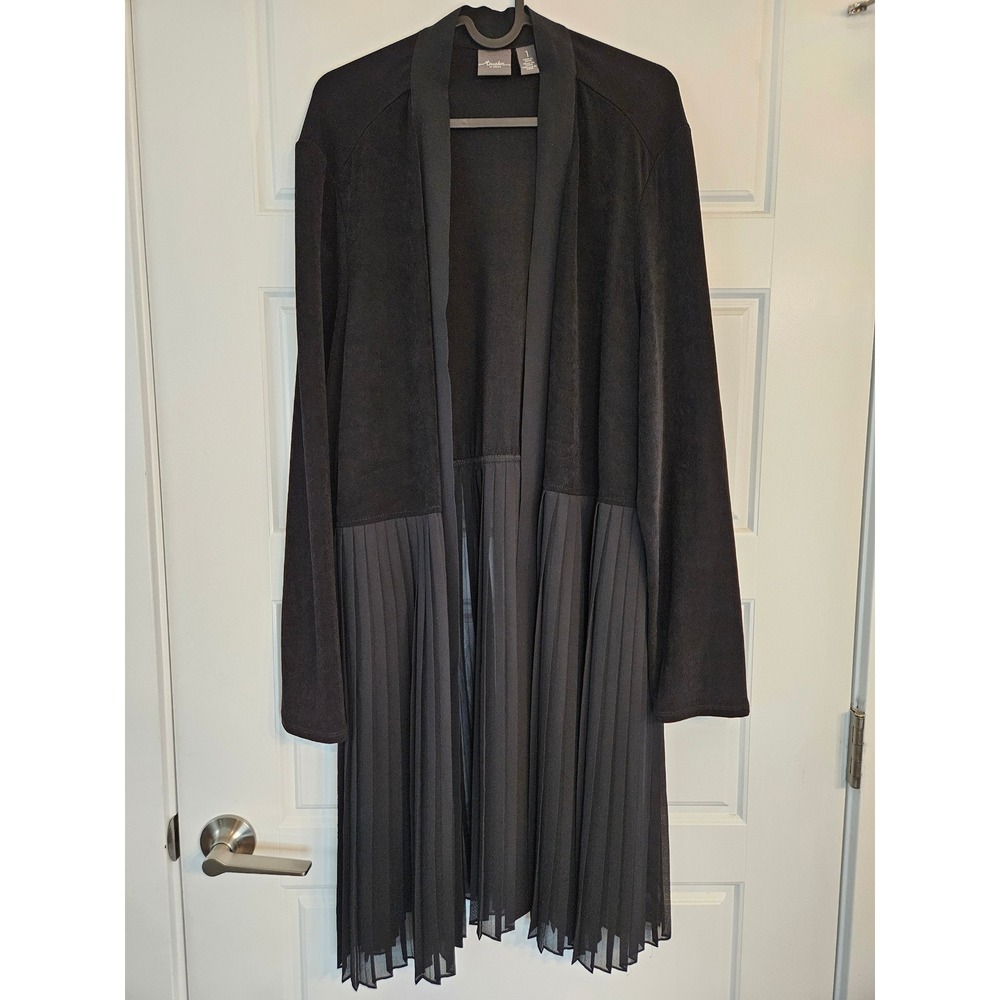 Chicos Travelers Black Pleated Hem Longline Cardigan Duster Open Front Size 1 M